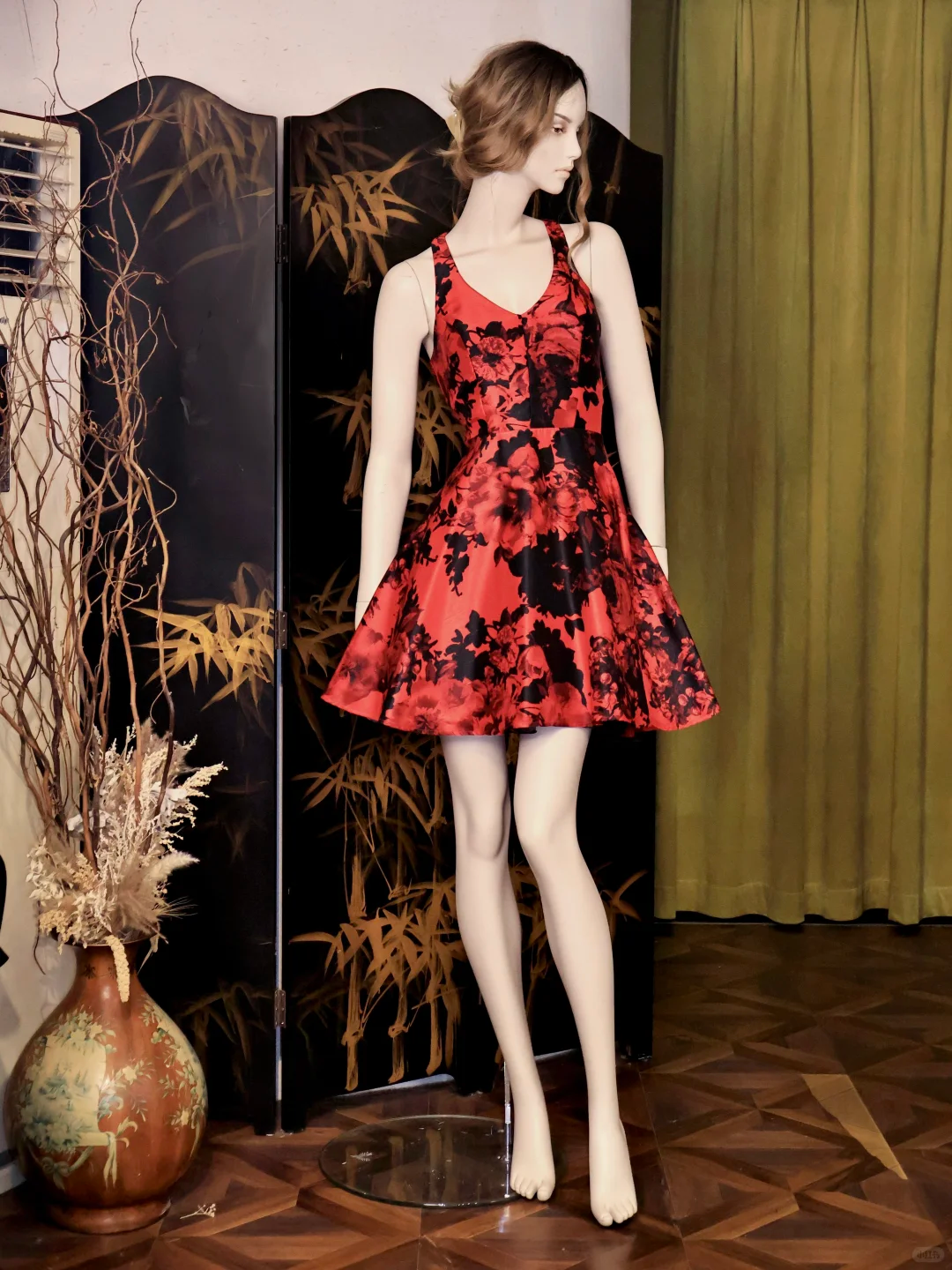 Vintage Red Satin Floral Print A Line Short Party Dress Bow Backless Graduation Homecoming Dress S732