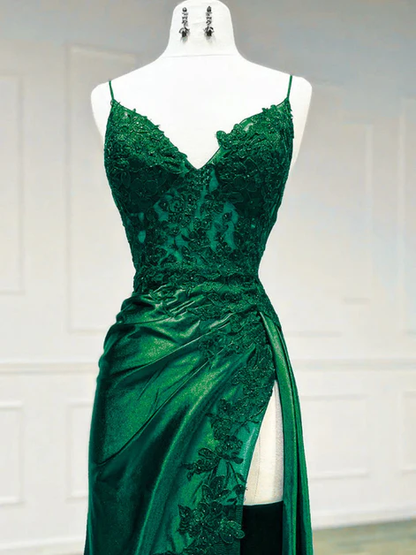 Sexy Mermaid Spaghetti Strap Sleeveless Long Split Prom Dress with Embroidered SD1301