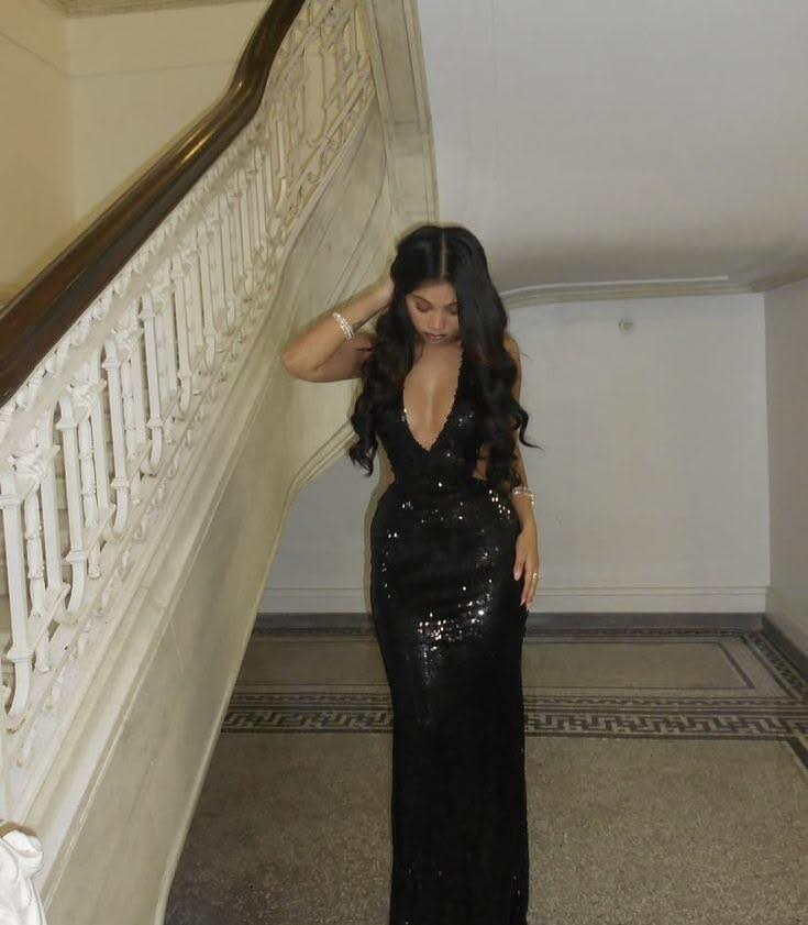 Sexy Spaghetti Strap Black Sequin Mermaid Long Party Dress Evening Dress D5171