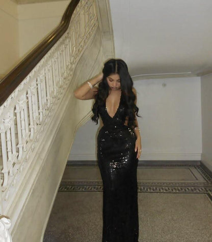 Sexy Spaghetti Strap Black Sequin Mermaid Long Party Dress Evening Dress D5171
