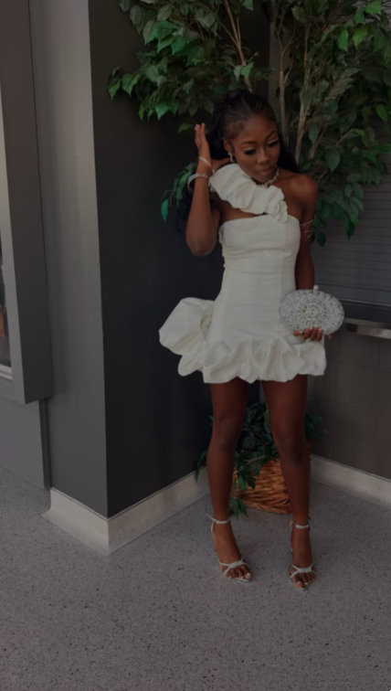 Elegant White Satin Ruched A Line Short 8th Grade Homecoming Dress,One Shoulder Mini Birthday Dress D3682