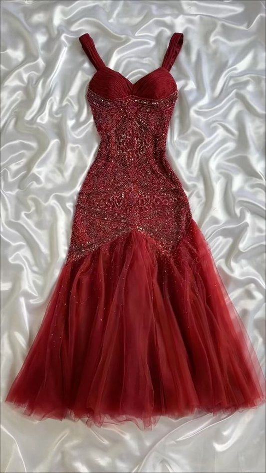 Gorgeous Red V NecK Tulle Sequin Beaded Mermaid Long Evening Dress Formal Birthday Party Dress D1480