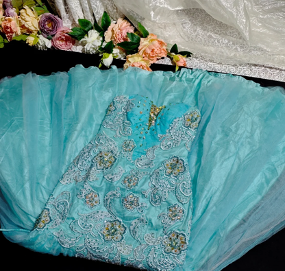 Charming Strapless Blue Tulle Appliques Beaded Mermaid Party Dress Long Birthday Evening Gown D2373