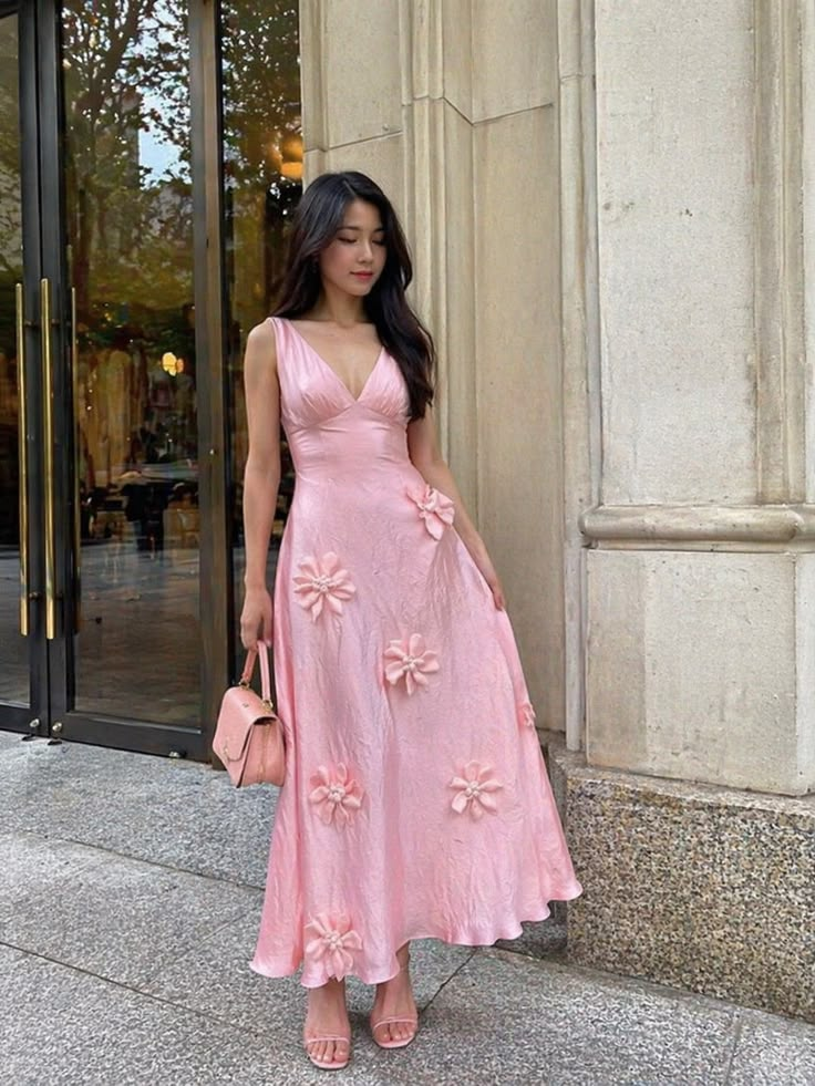 Classy Pink V Neck Satin 3D Floral A Line Long Party Dress Evening Dresses D5114