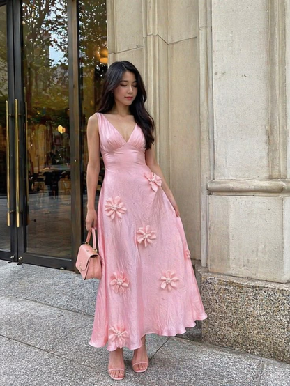 Classy Pink V Neck Satin 3D Floral A Line Long Party Dress Evening Dresses D5114