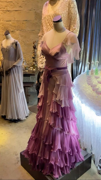 Unique Spaghetti Straps V Neck Ombre Purple Layered Chiffon Long Party Dress Birthday Evening Gowns D1966