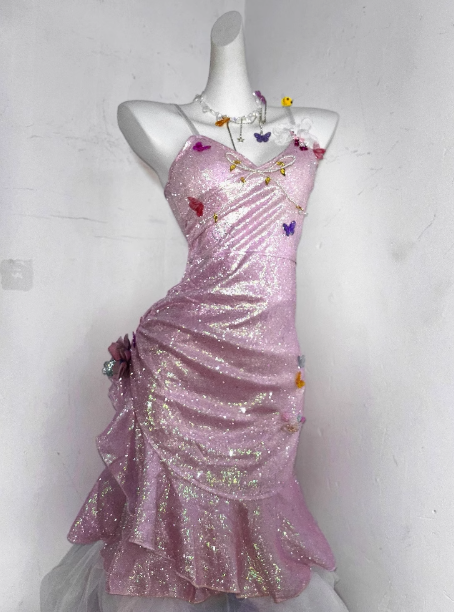 Sparkly Light Pink Butterfly Sequin Ruffles 8th Grade Homecoming Dress 18th Birthday Dress S616