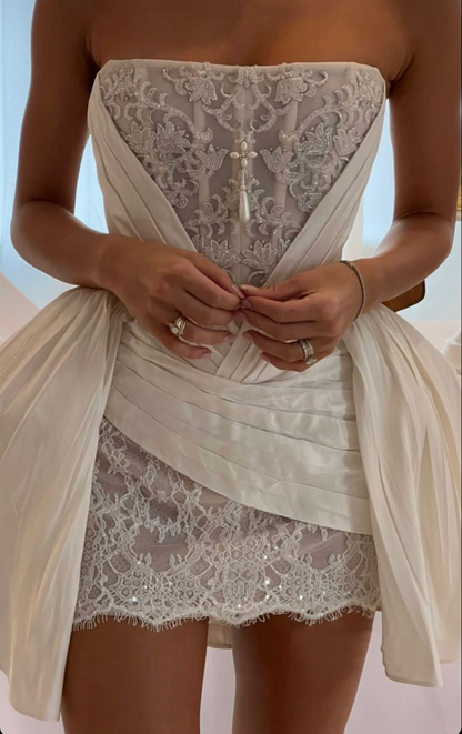 Elegant White Lace Satin Beaded Short Graduation Homecoming Dress,Strapless Mini 18th Birthday Outfits D3931