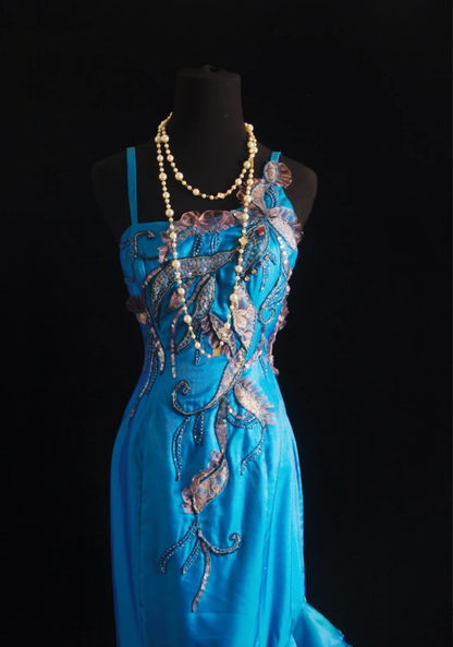 Unique Blue Green Strapless Satin Beaded Long Wedding Guest Dress Formal Birthday Party Dress Prom Gown D2001