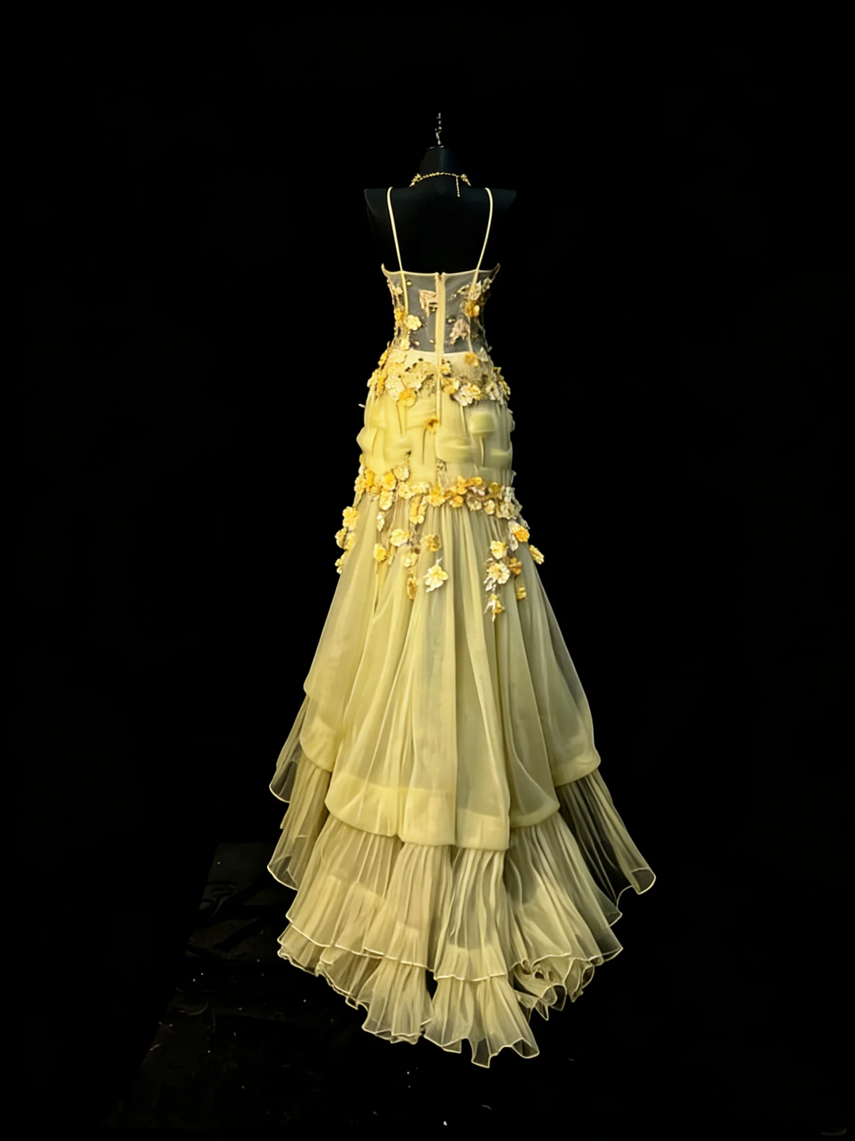 Unique Mermaid Spaghetti Strap Yellow Tulle Flowers 1950s Long Prom Dresses Party Dress 18th Birthday Outfits D4269