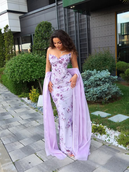 Vintage Purple Strapless Satin Floral Mermaid Long Party Dress Prom Dress D4361