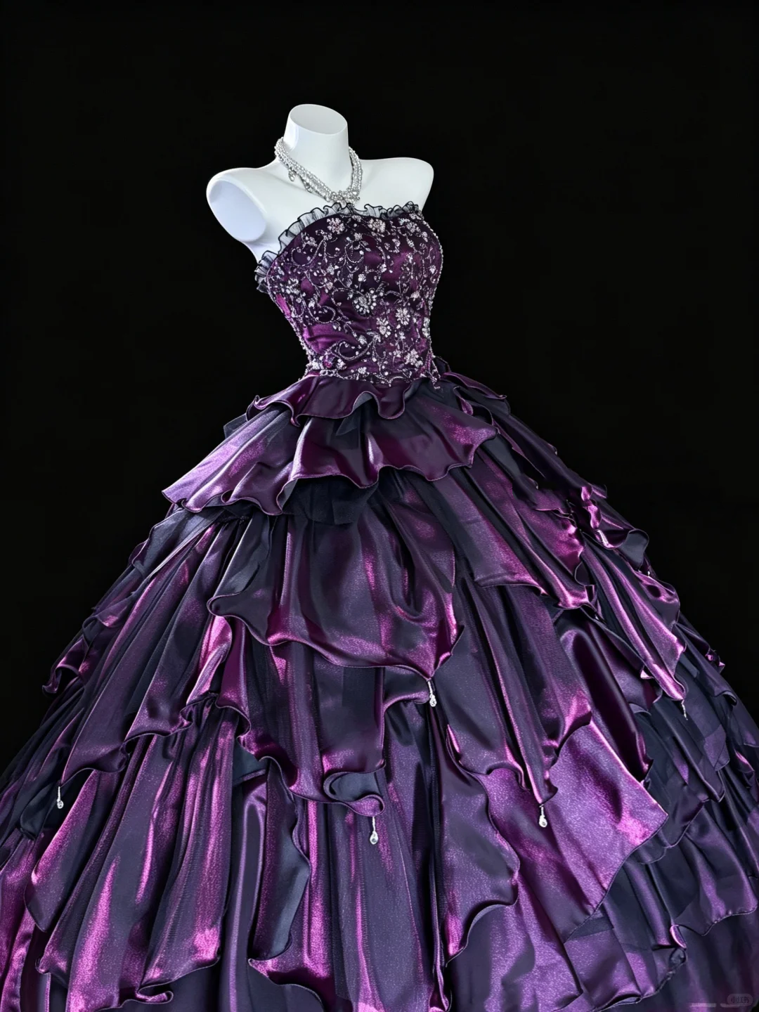 Charming Strapless Purple Satin Layered Beaded Quinceanera Dress Sweet 16 Dress D5235