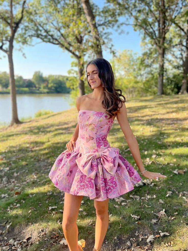 Charming Pink Satin Print Floral A Line Short 6th Grade Homecoming Dress,Strapless Cocktail Dress D3677