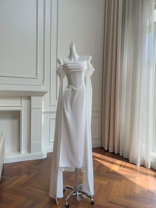 Elegant White Spaghetti Straps Satin Pleated Long Wedding Guest Dress Off The Shoulder Party Dress D2945