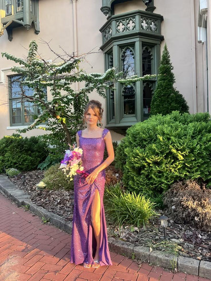Elegant Square Neck Sequin Long Party Dress Purple Slit Mermaid Evening Dress D5298
