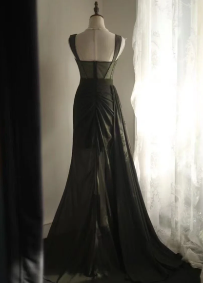 Vintage Green Spaghetti Straps Satin Beaded Mermaid Slit Long Evening Dress Party Gown D2202