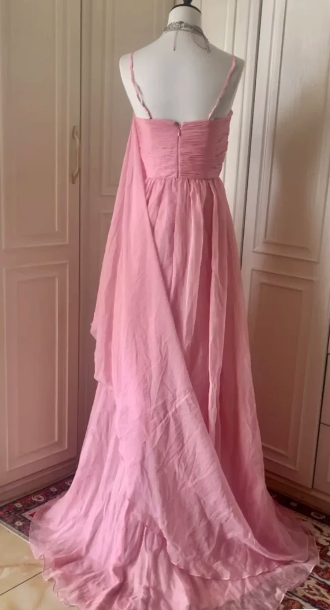 Pretty Spaghetti Straps Pink Chiffon Pleated Beaded Mermaid Long Evening Dress Prom Dress D3099