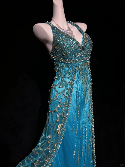 Gorgeous V Neck Blue Satin Tulle Beaded mermaid Long Party Dress Evening Dress D5076