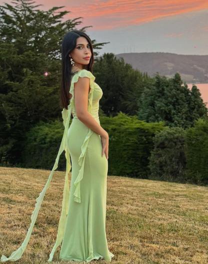 Cute Light Green Chiffon Ruffle Mermaid Wedding Guest Dress Formal Bridesmaid Dress D1092