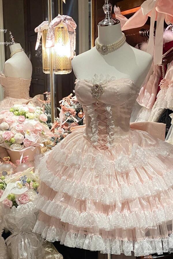 Sweet Pink Tulle Lace Layered A Line Short Homecoming Dress Birthday Outfits With Bow D3859