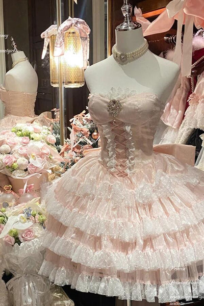 Sweet Pink Tulle Lace Layered A Line Short Homecoming Dress Birthday Outfits With Bow D3859