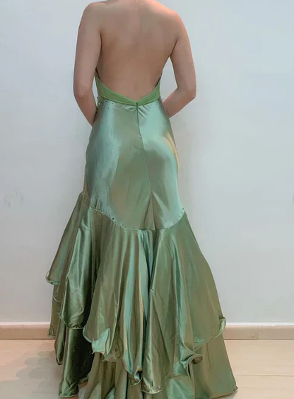 Vintage Sage Green Halter V Neck Satin Beaded Mermaid Prom Dress Long Evening Dress D1283