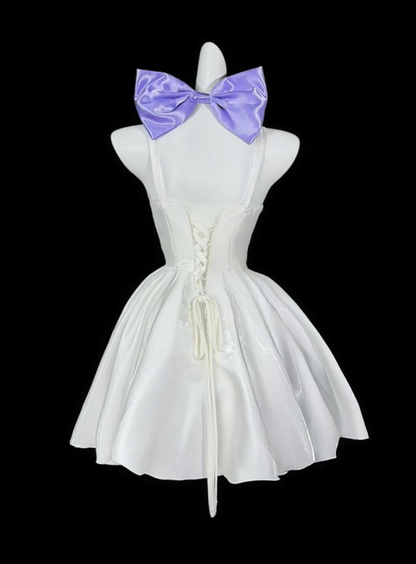 Cute Spaghetti Straps Satin A Line Mini Prom Dress,White Short Homecoming Dress With Bow D4195