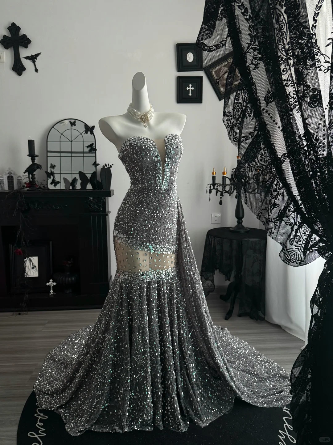 Sparkly Strapless Velvet Sequin Rhinestones Mermaid Long Party Dress,Gray Birthday Evening Dress D3710