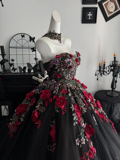 Pretty Black Quinceanera Dress Strapless Tulle Sequin Beaded Floral Sweet 16 Dress With Appliques D4717