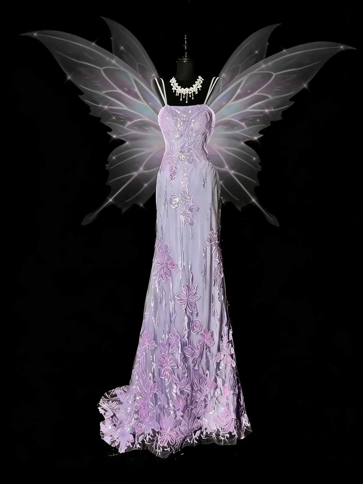 Pretty Spaghetti Straps Lilac Tulle Sequin Lace Appliques Mermaid Long Party Dress Birthday Evening Dress D4884