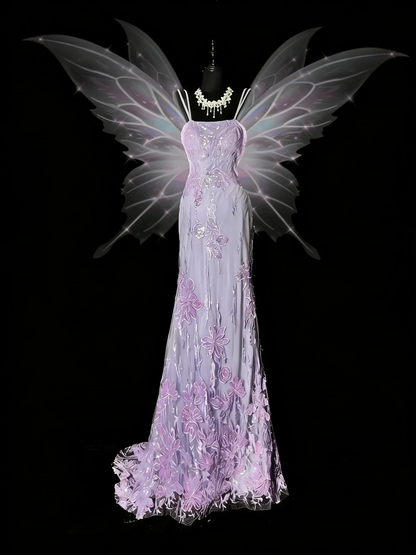 Pretty Spaghetti Straps Lilac Tulle Sequin Lace Appliques Mermaid Long Party Dress Birthday Evening Dress D4884