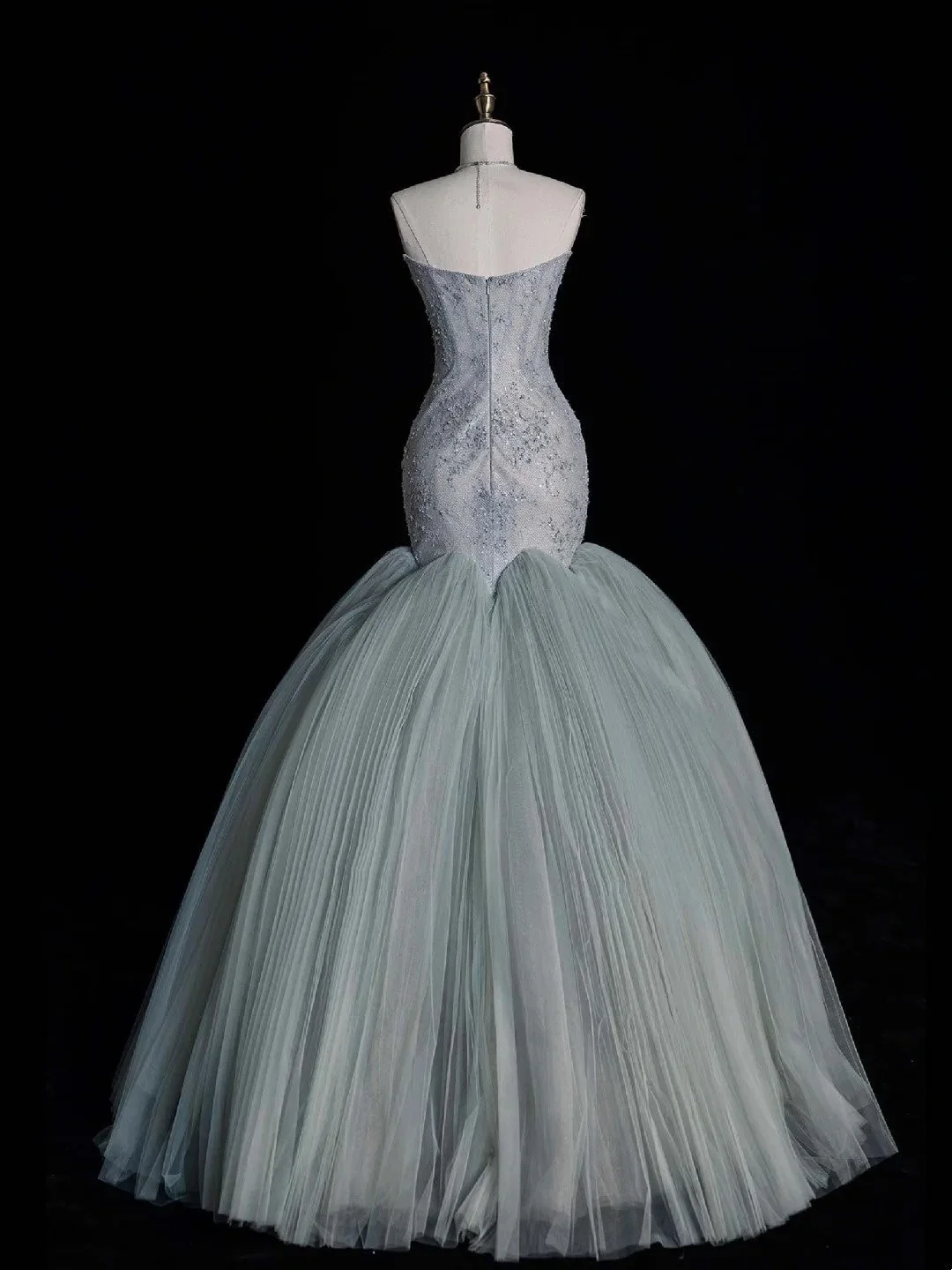Modest Strapless Dusty Blue Tulle Beaded Mermaid Long Prom Dresses Party Dress D4521
