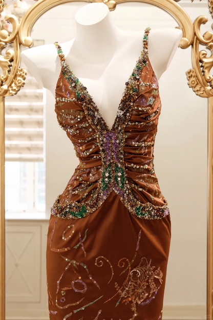 Gorgeous Spaghetti Straps Satin Sequin Beaded Midi Party Gown,Vintage Prom Dress D2730