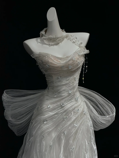 Classy White Tulle Pleated Beaded Mermaid Long Wedding Dress,Formal Bridal Dress With Bow D3084