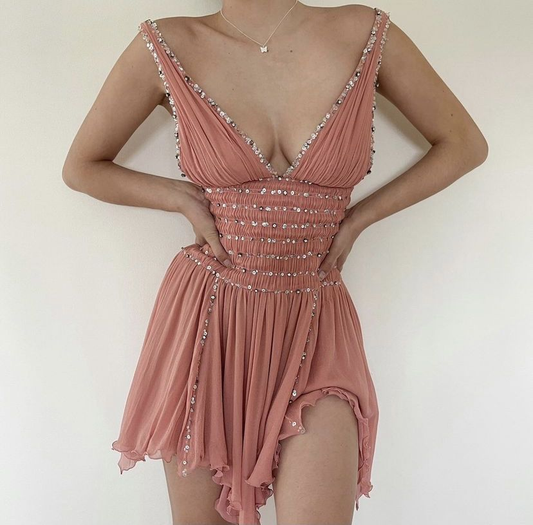 Elegant Rose Pink V Neck Chiffon Sequin Short Homecoming Dress Cocktail Dress D775