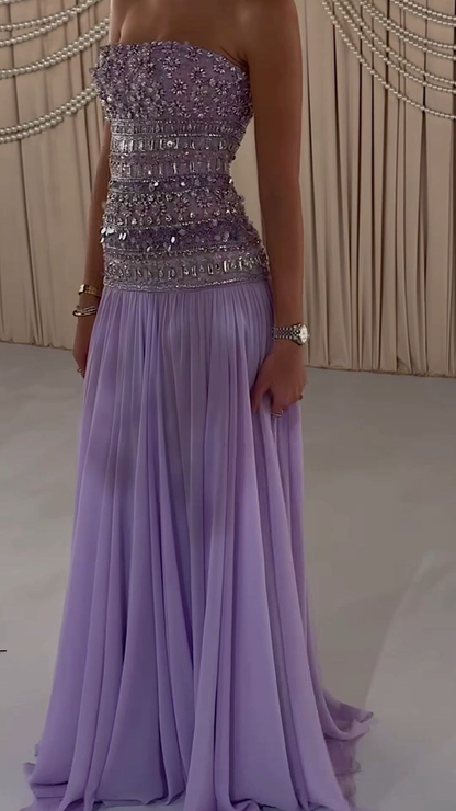 Classy Strapless Purple Chiffon Beaded Long Party Dress Evening Gown D1278