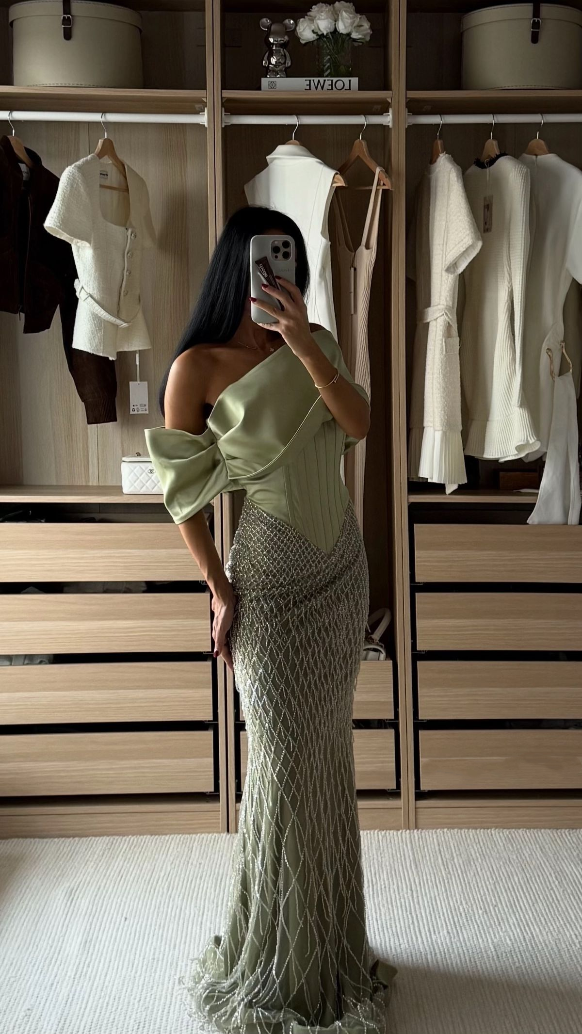 Pretty Sage Green Satin Sequin Mermaid Long Evening Dress Off The Shoulder Long Birthday Prom Dress D4797