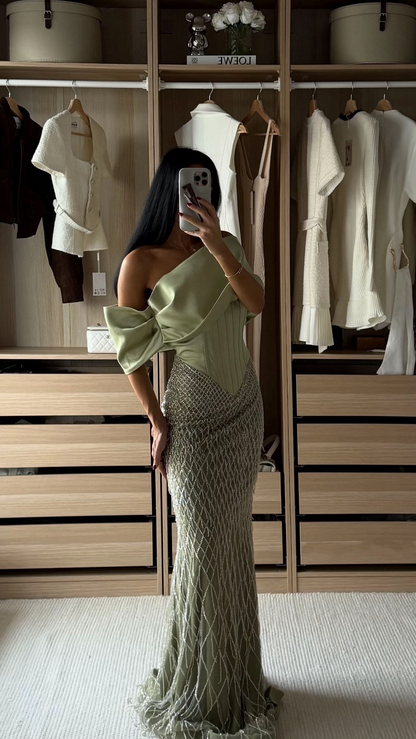 Pretty Sage Green Satin Sequin Mermaid Long Evening Dress Off The Shoulder Long Birthday Prom Dress D4797