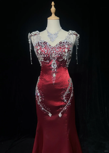 Gorgeous Burgundy Satin Beaded Mermaid Long Party Dress Evening Gown D3117