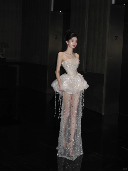 Shiny White Strapless Tulle Sequin Beaded A Line Graduation Homecoming Dress,Formal 18th Birthday Outfits D3064