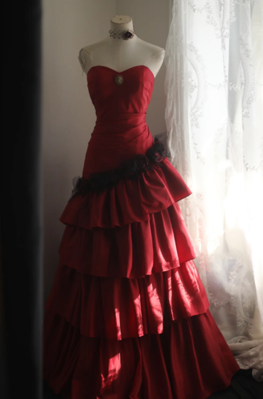 Vintage Red Strapless Satin Layered Mermaid Evening Dress Long Party Dress D2311