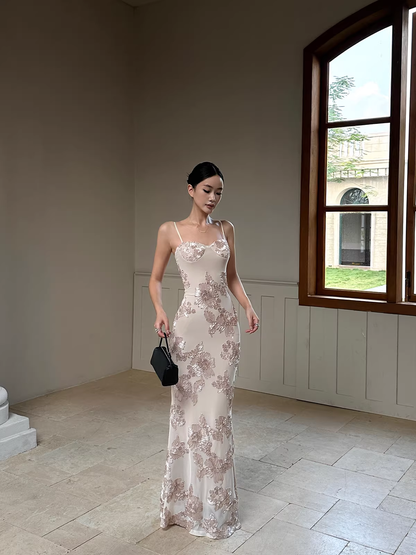 Unique Champagne Satin Floral Mermaid Evening Dress Spaghetti Straps Long Party Gown D2129