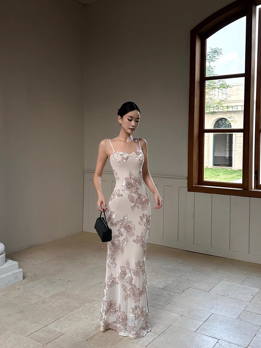 Unique Champagne Satin Floral Mermaid Evening Dress Spaghetti Straps Long Party Gown D2129