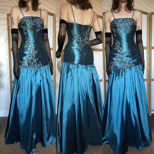 Elegant Spaghetti Straps Blue Satin Beaded Mermaid Long Party Dress Evening Gown D1907