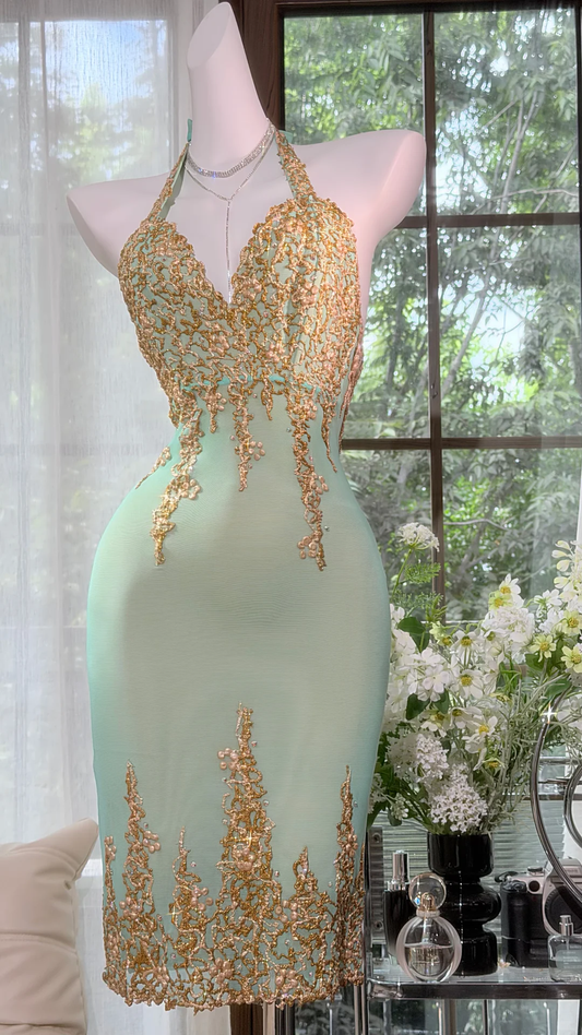 Classy Mint Green Chiffon Lace Sheath Short 16th Birthday Outfits ,Halter Short Homecoming Dress D3354