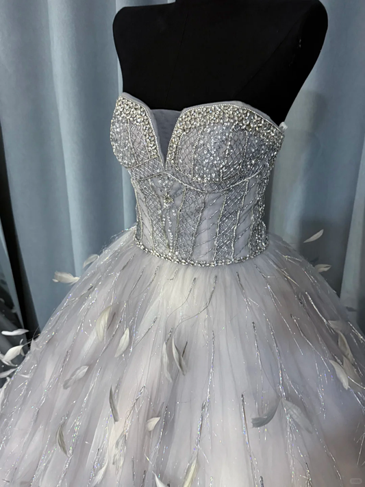 Elegant Strapless Princess Quinceanera Dress Ball Gown Tulle Beaded Long Sweet 16 Dress With Feathers D2469