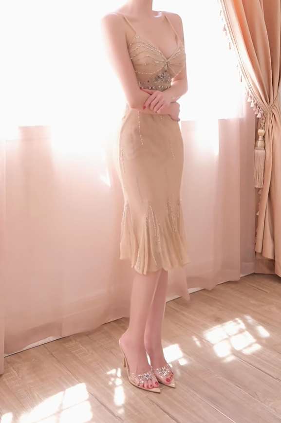 Vintage Spaghetti Strap Chiffon Beaded Mermaid Evening Dress Champagne Prom Gowns D2742