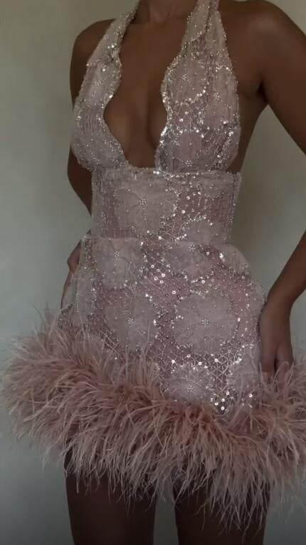 Elegant V Neck Satin Sequin Feathers Short Party Dress Pink Sheath Short Homecoming Dress D4454