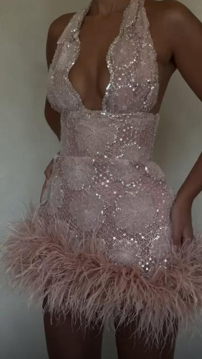 Elegant V Neck Satin Sequin Feathers Short Party Dress Pink Sheath Short Homecoming Dress D4454