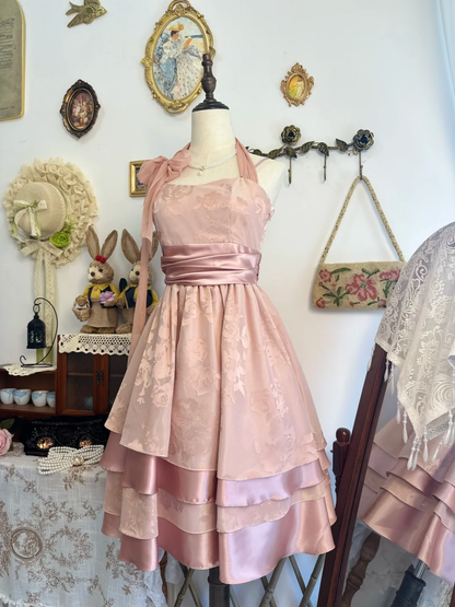 Classy Pink Halter Satin Print Floral Layered A Line Short Graduation Homecoming Dress Birthday Outfits D312
